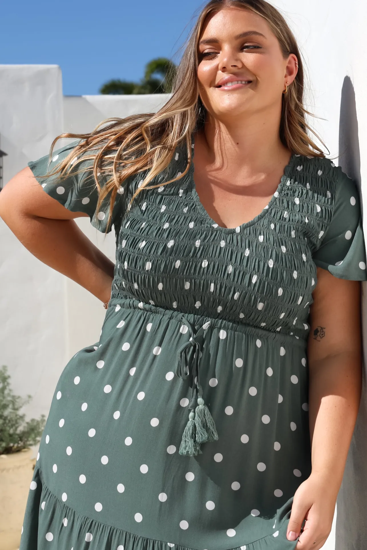 Amaya Midi Dress - Shirred Cap Sleeve A Line Dress in Parisian Polka Khaki>Salty Crush