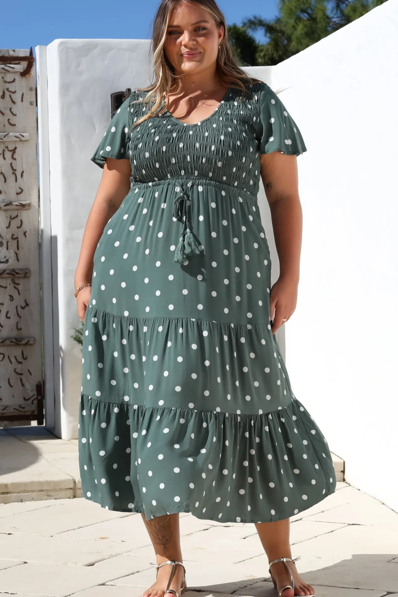 Amaya Midi Dress - Shirred Cap Sleeve A Line Dress in Parisian Polka Khaki>Salty Crush