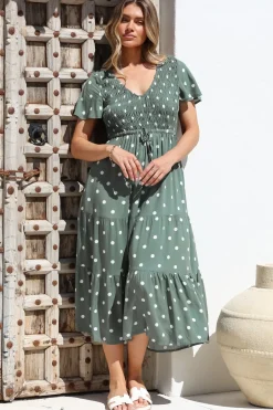 Amaya Midi Dress - Shirred Cap Sleeve A Line Dress in Parisian Polka Khaki><noscript><img width=