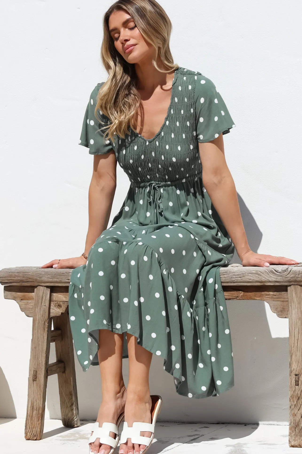 Amaya Midi Dress - Shirred Cap Sleeve A Line Dress in Parisian Polka Khaki>Salty Crush