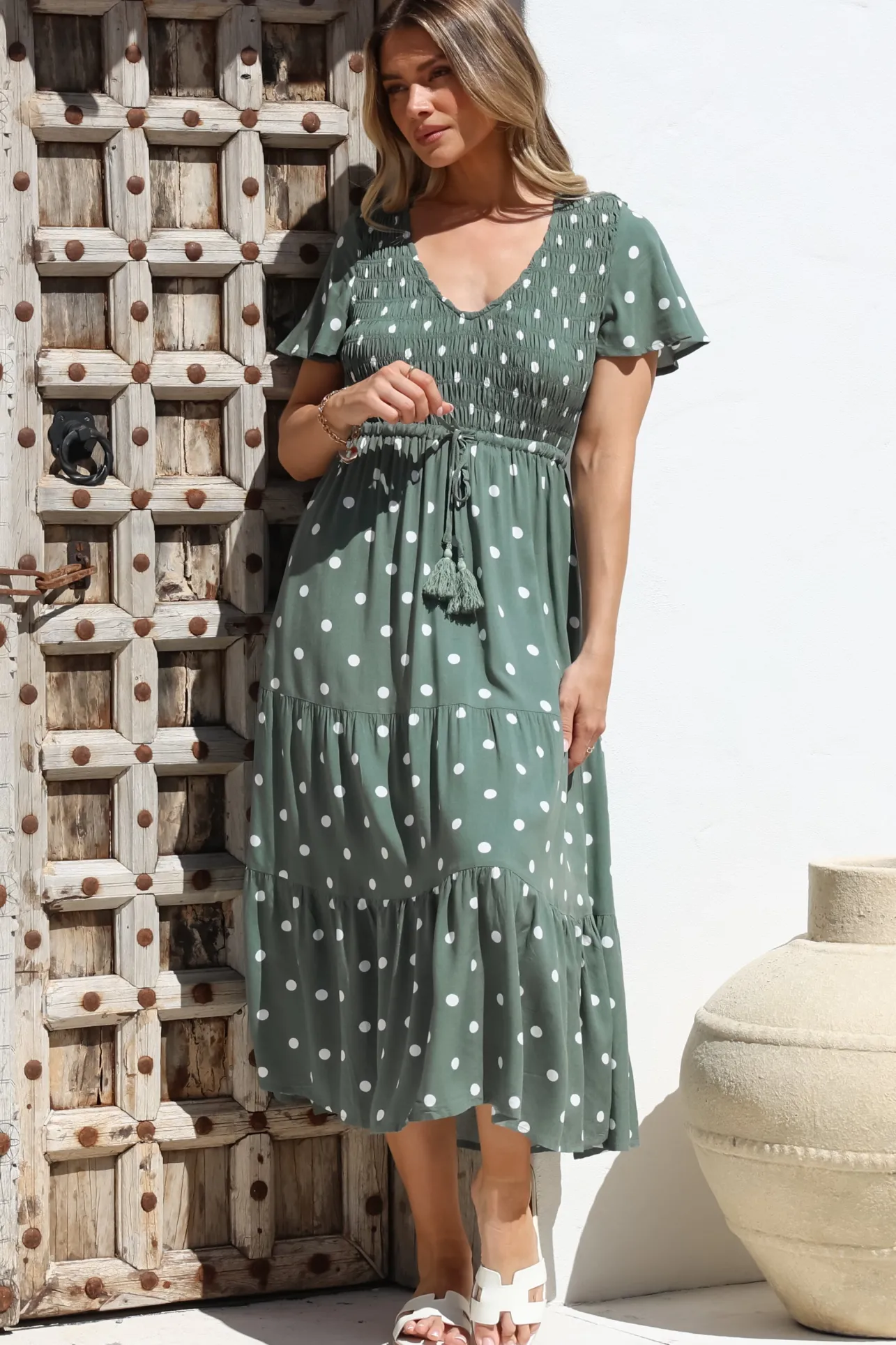 Amaya Midi Dress - Shirred Cap Sleeve A Line Dress in Parisian Polka Khaki>Salty Crush