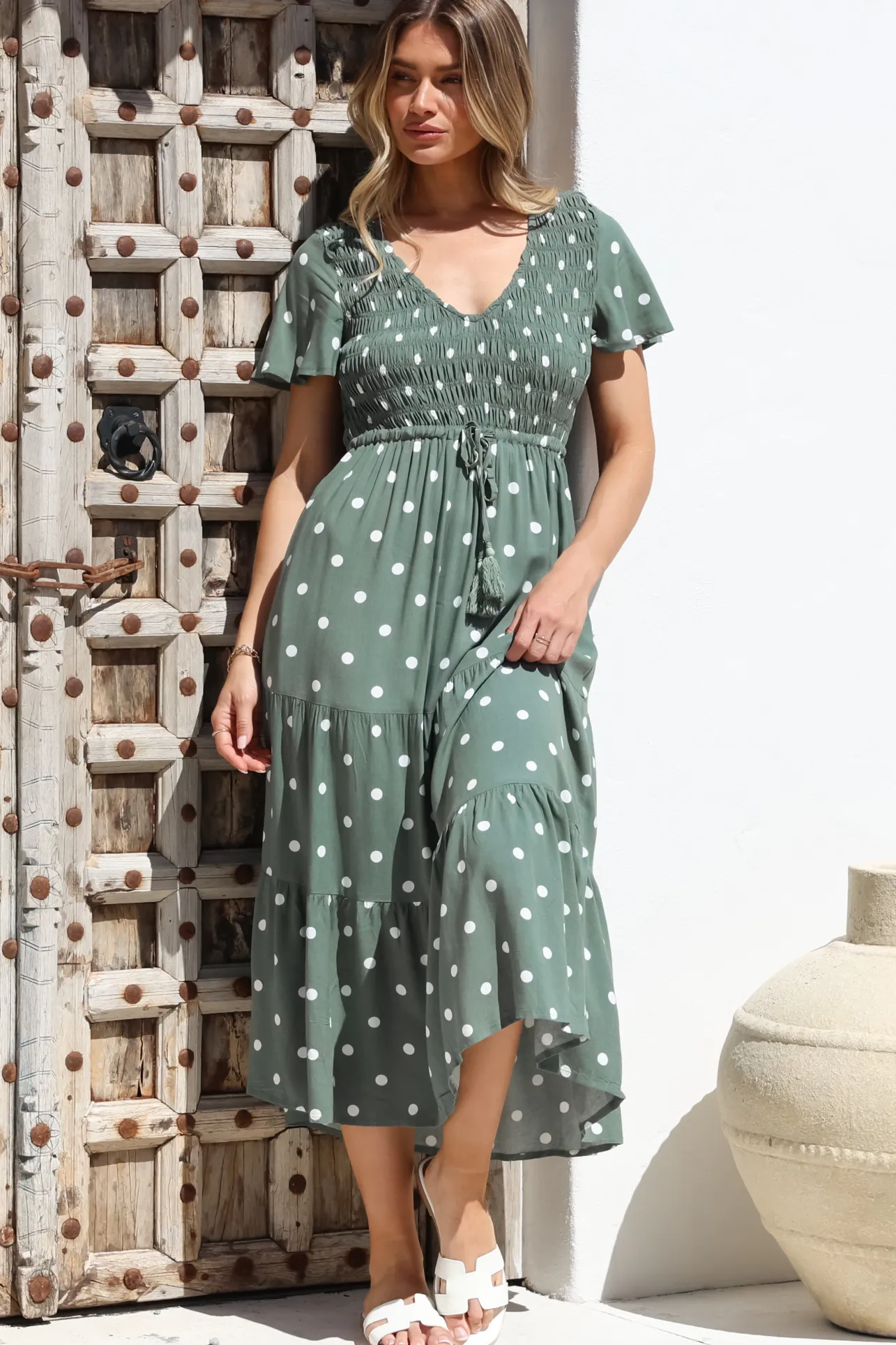 Amaya Midi Dress - Shirred Cap Sleeve A Line Dress in Parisian Polka Khaki>Salty Crush