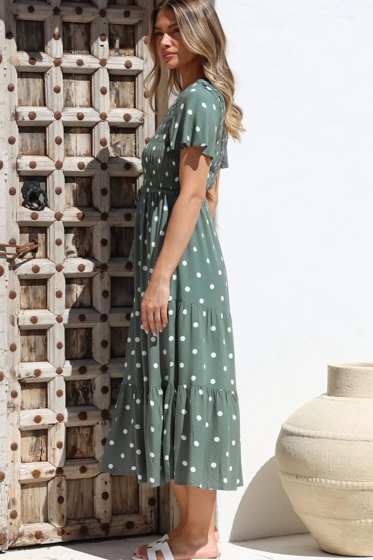 Amaya Midi Dress - Shirred Cap Sleeve A Line Dress in Parisian Polka Khaki>Salty Crush