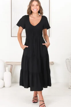 Amaya Midi Dress - Shirred Cap Sleeve A Line Dress in Black>Salty Crush