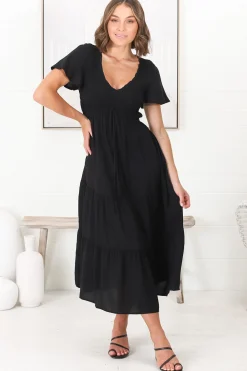 Amaya Midi Dress - Shirred Cap Sleeve A Line Dress in Black><noscript><img width=