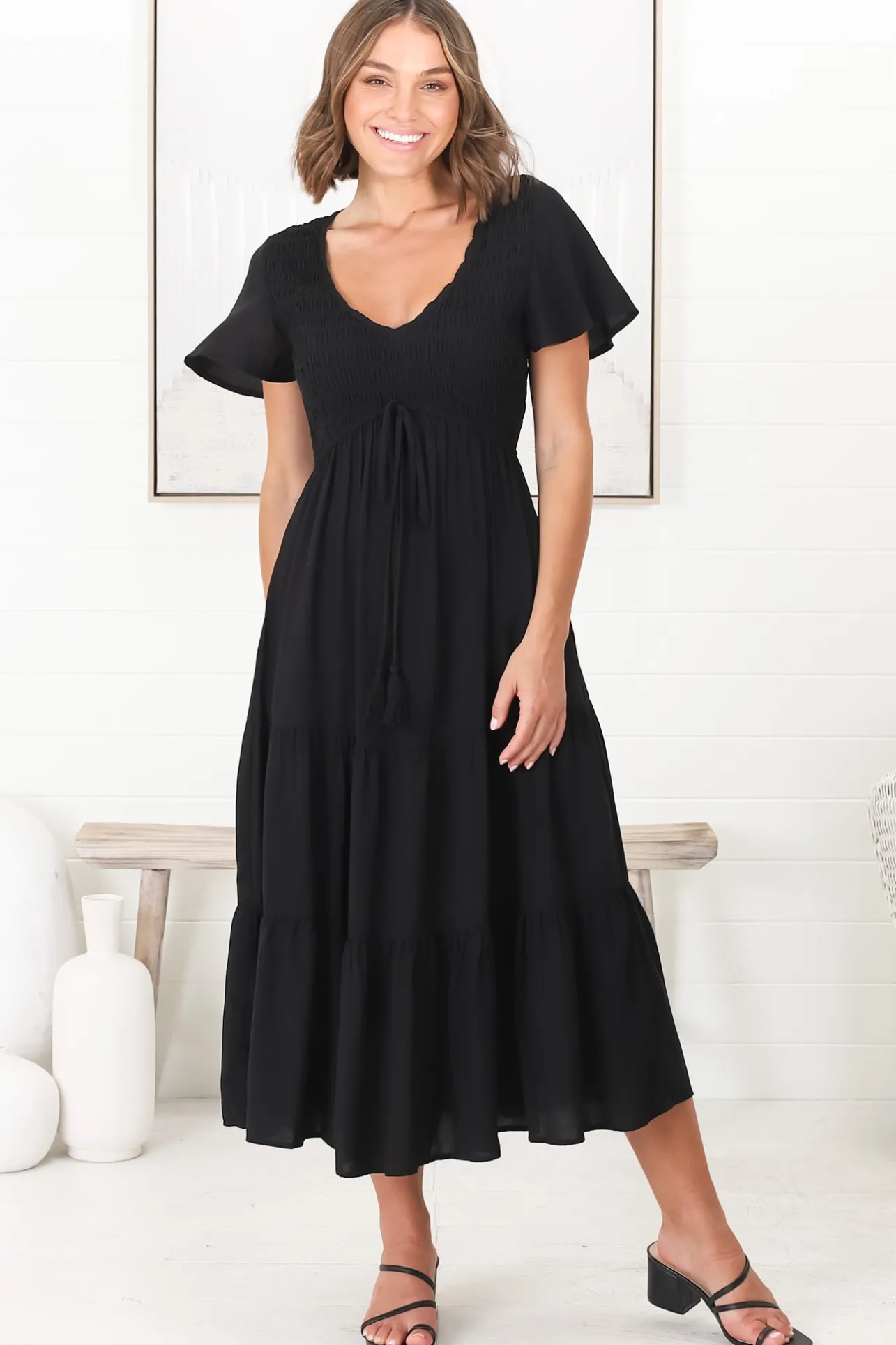 Amaya Midi Dress - Shirred Cap Sleeve A Line Dress in Black>Salty Crush