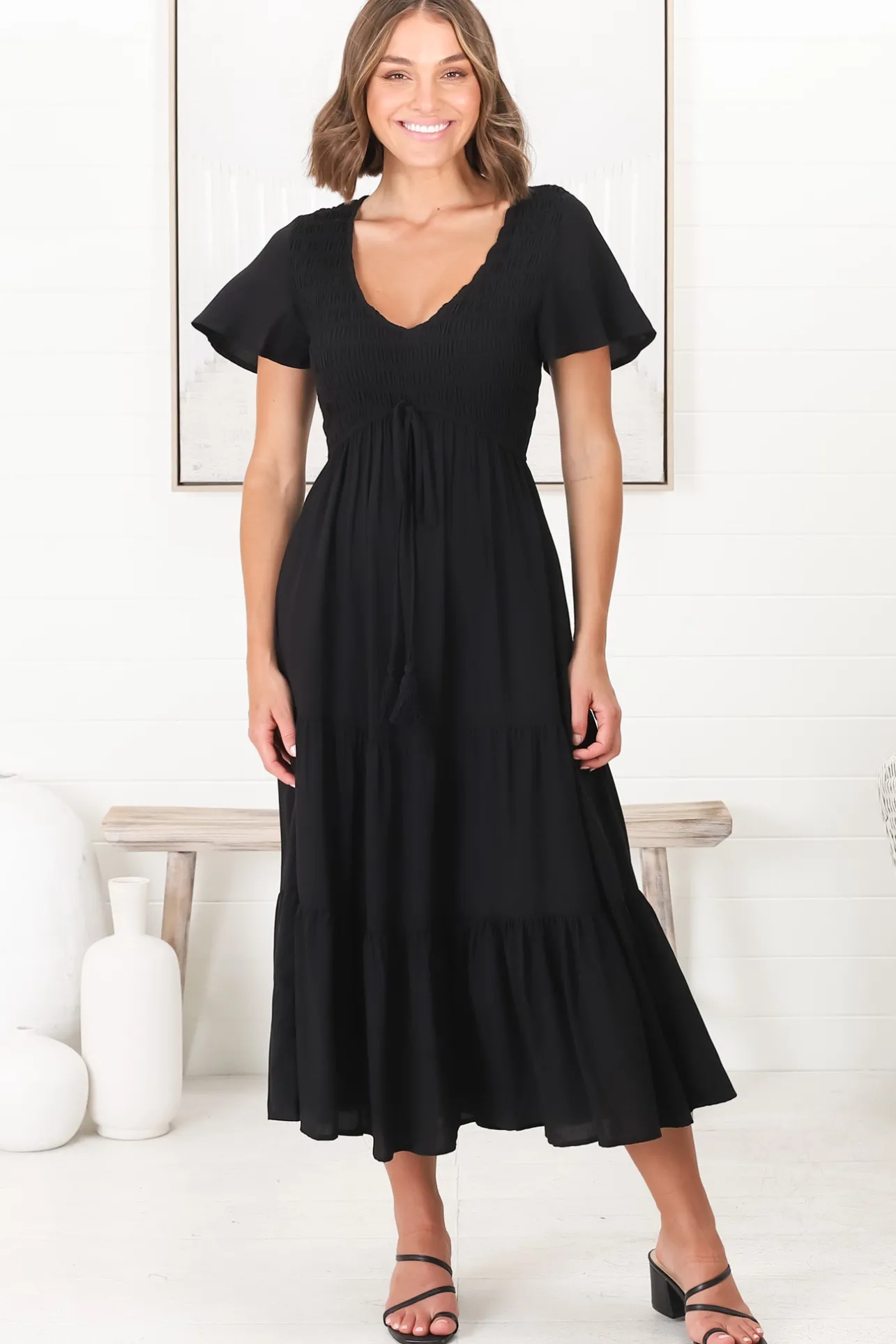 Amaya Midi Dress - Shirred Cap Sleeve A Line Dress in Black>Salty Crush