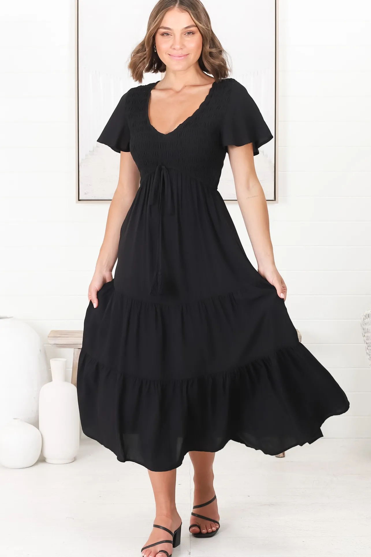 Amaya Midi Dress - Shirred Cap Sleeve A Line Dress in Black>Salty Crush
