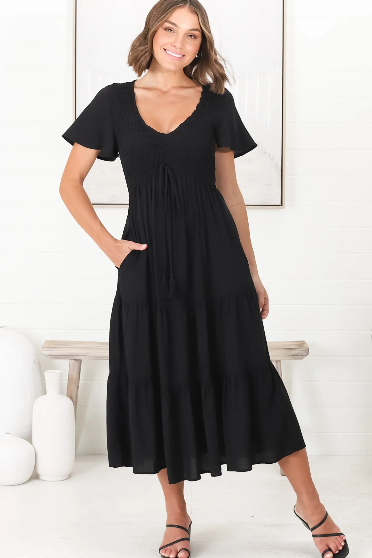 Amaya Midi Dress - Shirred Cap Sleeve A Line Dress in Black>Salty Crush