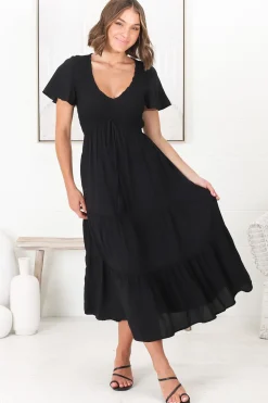 Amaya Midi Dress - Shirred Cap Sleeve A Line Dress in Black><noscript><img width=