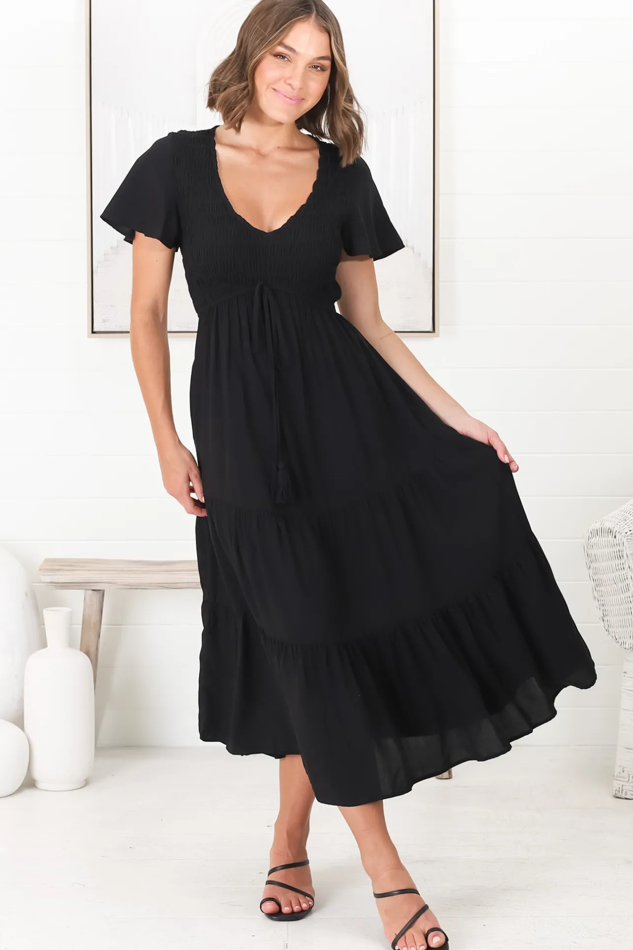 Amaya Midi Dress - Shirred Cap Sleeve A Line Dress in Black>Salty Crush