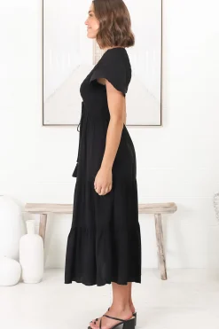 Amaya Midi Dress - Shirred Cap Sleeve A Line Dress in Black><noscript><img width=