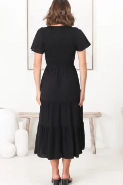 Amaya Midi Dress - Shirred Cap Sleeve A Line Dress in Black><noscript><img width=
