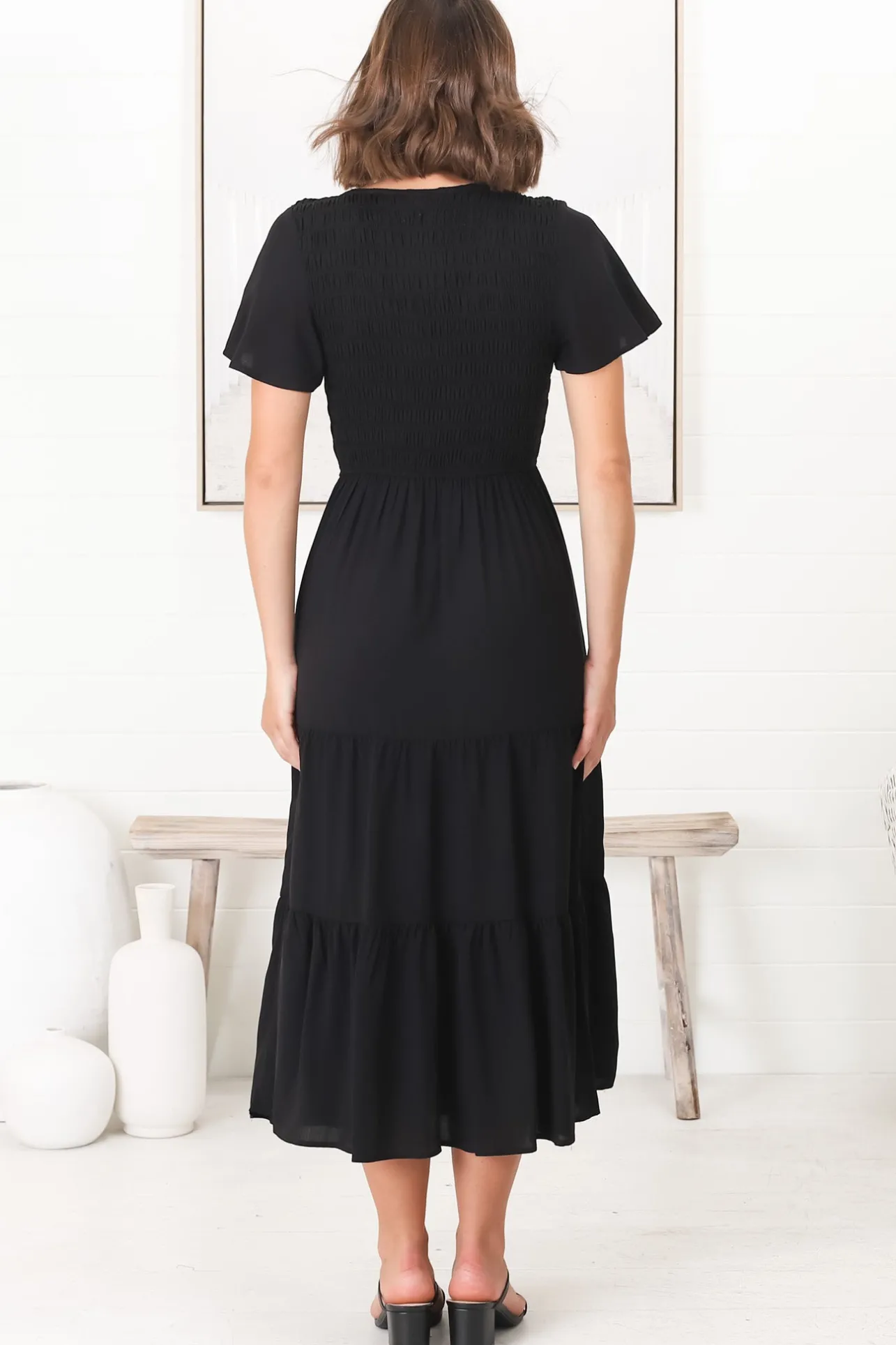 Amaya Midi Dress - Shirred Cap Sleeve A Line Dress in Black>Salty Crush