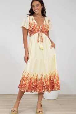 Amaya Midi Dress - Shirred Cap Sleeve A Line Dress in Marella Print Tangerine>Salty Crush Best