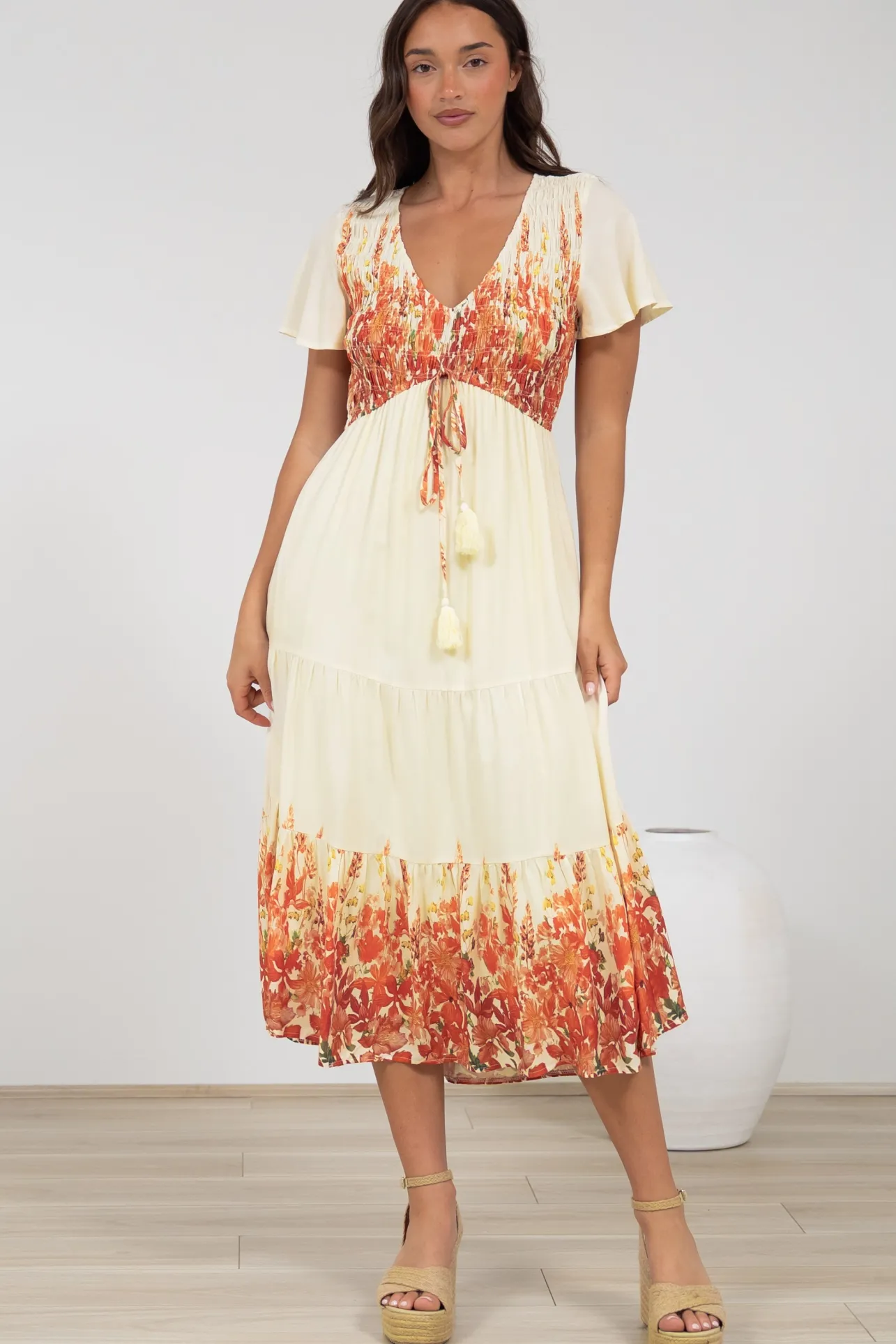 Amaya Midi Dress - Shirred Cap Sleeve A Line Dress in Marella Print Tangerine>Salty Crush Best