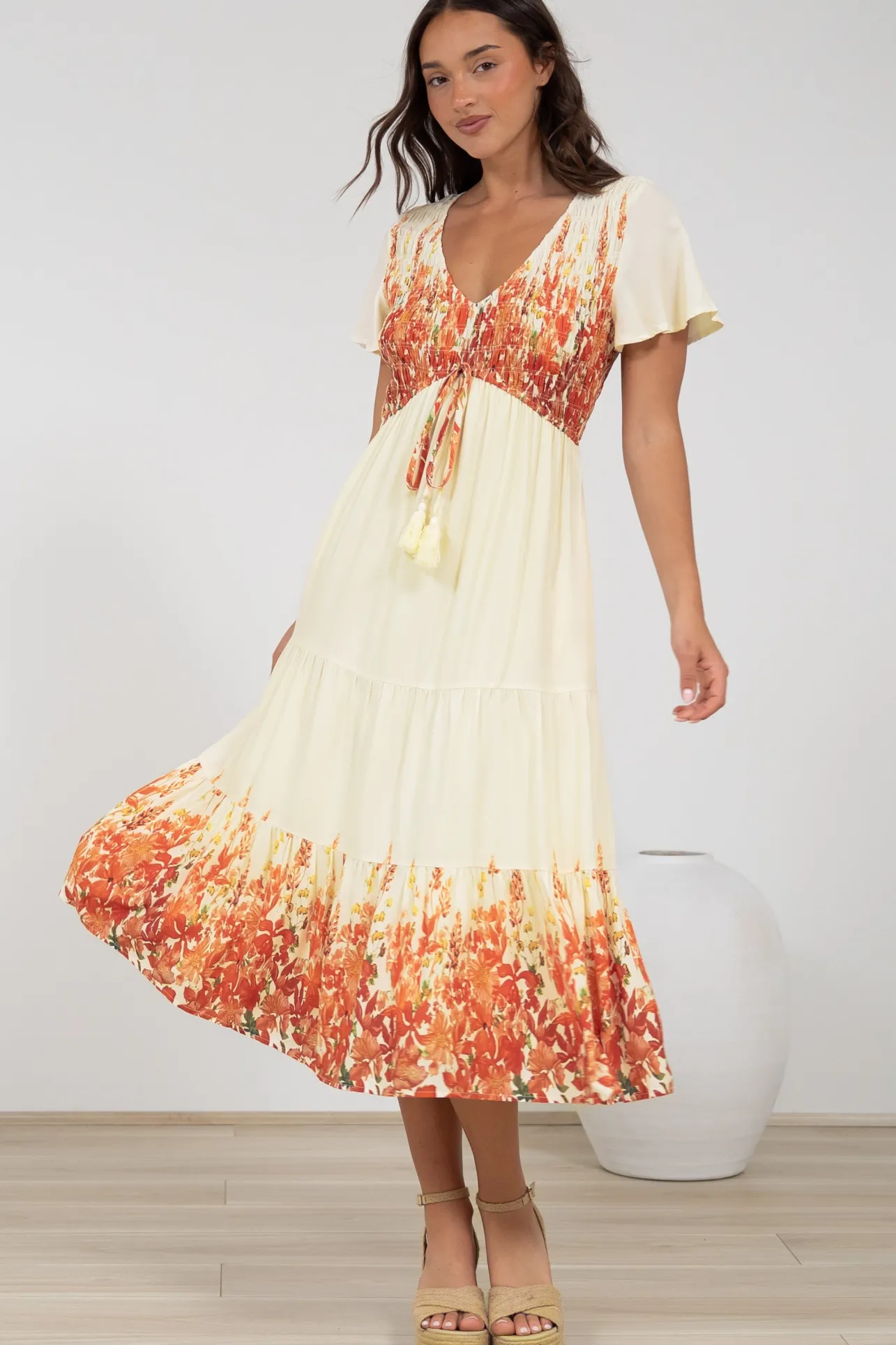 Amaya Midi Dress - Shirred Cap Sleeve A Line Dress in Marella Print Tangerine>Salty Crush Best