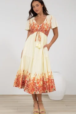 Amaya Midi Dress - Shirred Cap Sleeve A Line Dress in Marella Print Tangerine><noscript><img width=