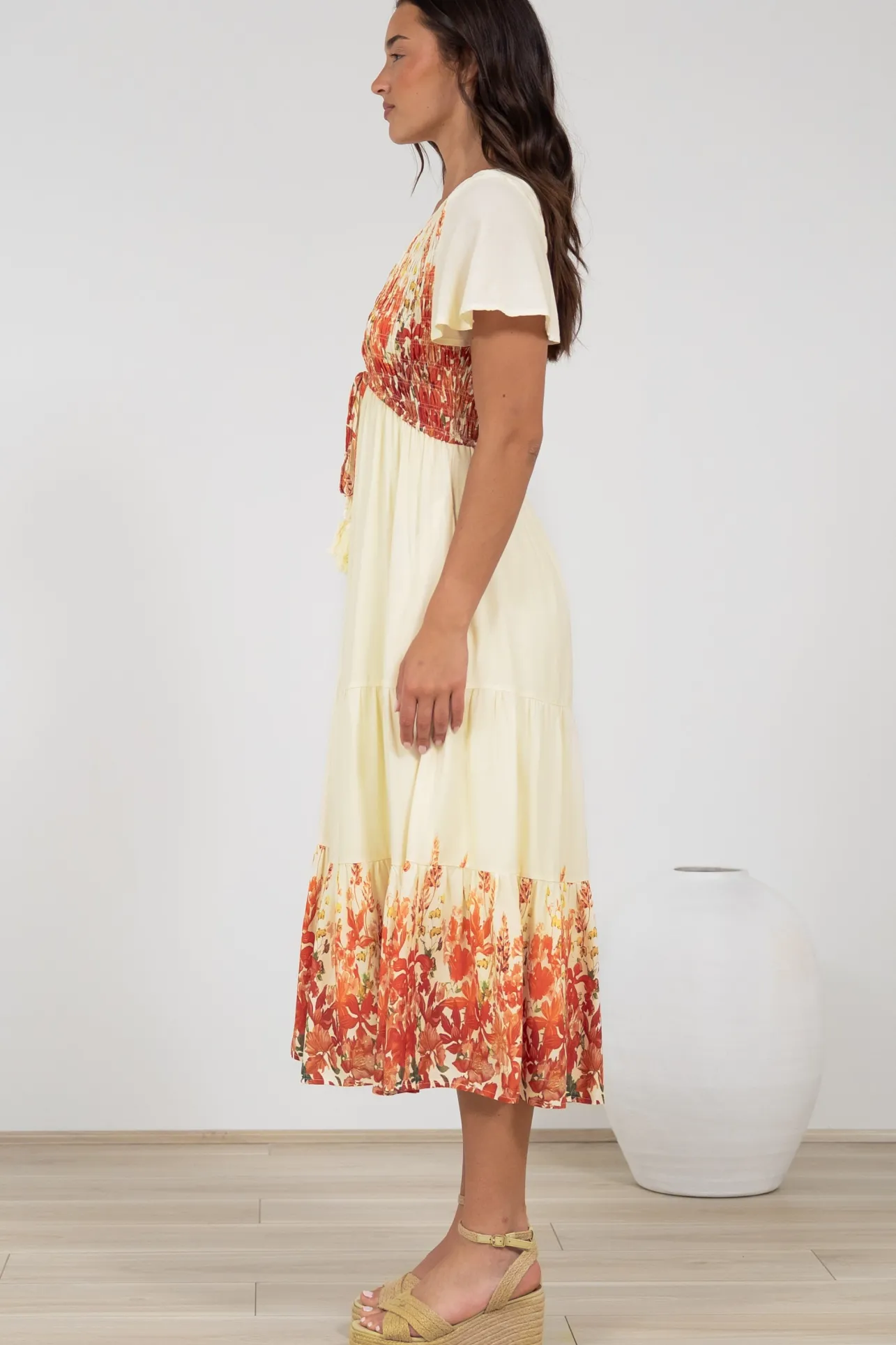 Amaya Midi Dress - Shirred Cap Sleeve A Line Dress in Marella Print Tangerine>Salty Crush Best