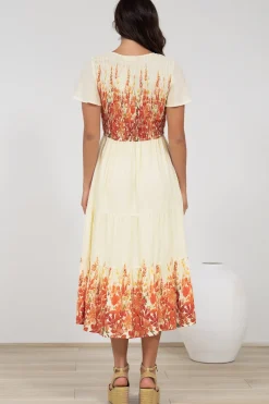Amaya Midi Dress - Shirred Cap Sleeve A Line Dress in Marella Print Tangerine><noscript><img width=