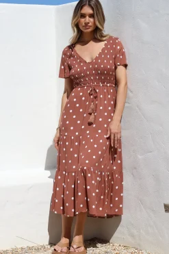 Amaya Midi Dress - Shirred Cap Sleeve A Line Dress in Parisian Polka Rust>Salty Crush Discount
