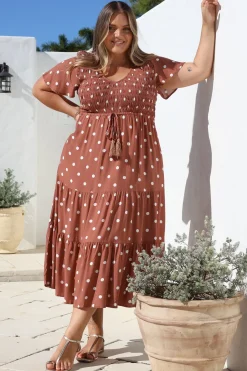 Amaya Midi Dress - Shirred Cap Sleeve A Line Dress in Parisian Polka Rust>Salty Crush Discount