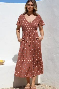 Amaya Midi Dress - Shirred Cap Sleeve A Line Dress in Parisian Polka Rust><noscript><img width=