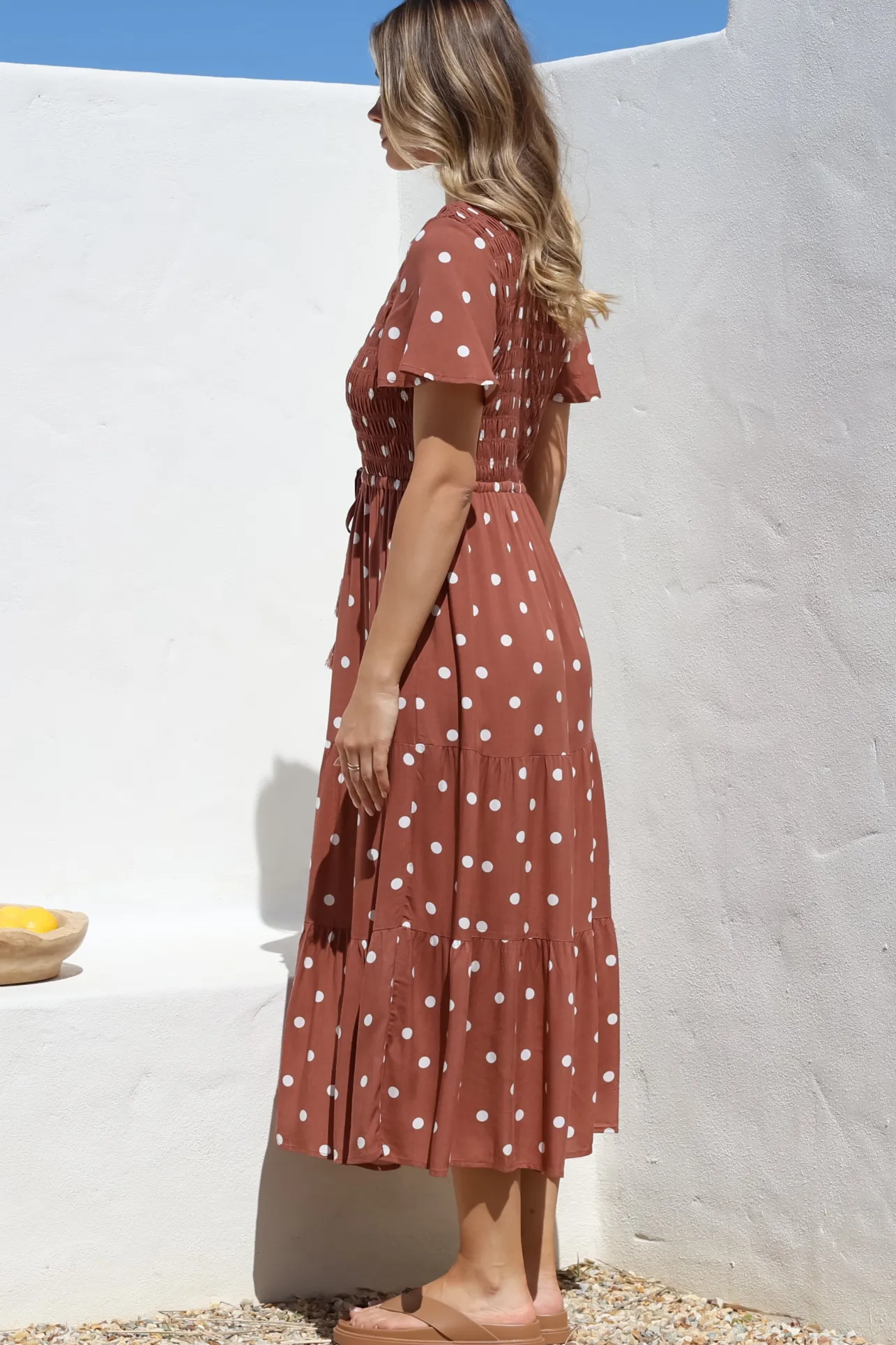 Amaya Midi Dress - Shirred Cap Sleeve A Line Dress in Parisian Polka Rust>Salty Crush Discount