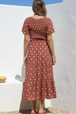 Amaya Midi Dress - Shirred Cap Sleeve A Line Dress in Parisian Polka Rust><noscript><img width=