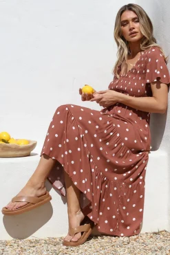Amaya Midi Dress - Shirred Cap Sleeve A Line Dress in Parisian Polka Rust><noscript><img width=