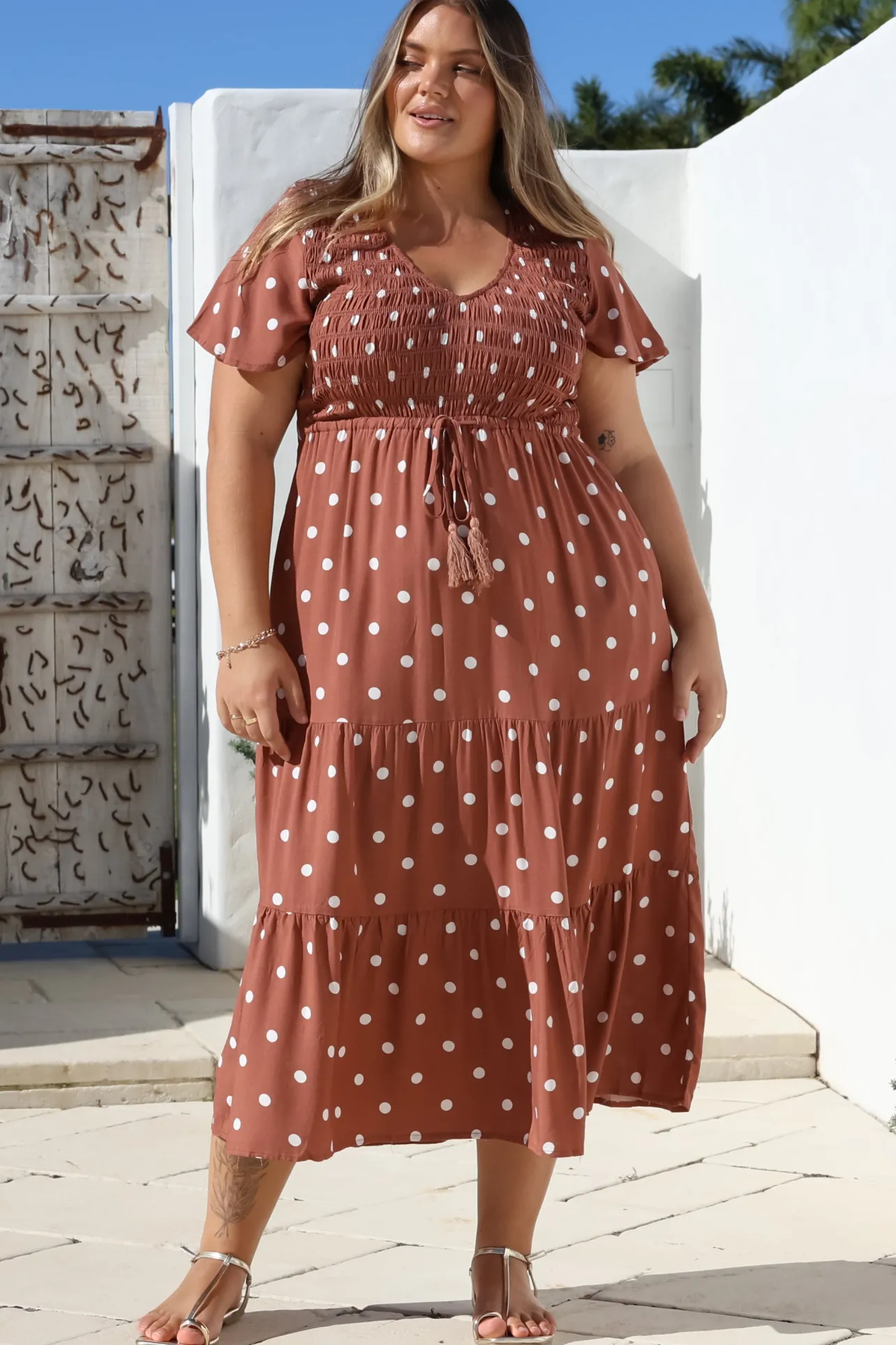 Amaya Midi Dress - Shirred Cap Sleeve A Line Dress in Parisian Polka Rust>Salty Crush Discount