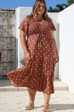 Amaya Midi Dress - Shirred Cap Sleeve A Line Dress in Parisian Polka Rust><noscript><img width=