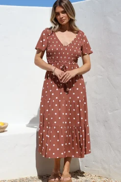 Amaya Midi Dress - Shirred Cap Sleeve A Line Dress in Parisian Polka Rust><noscript><img width=