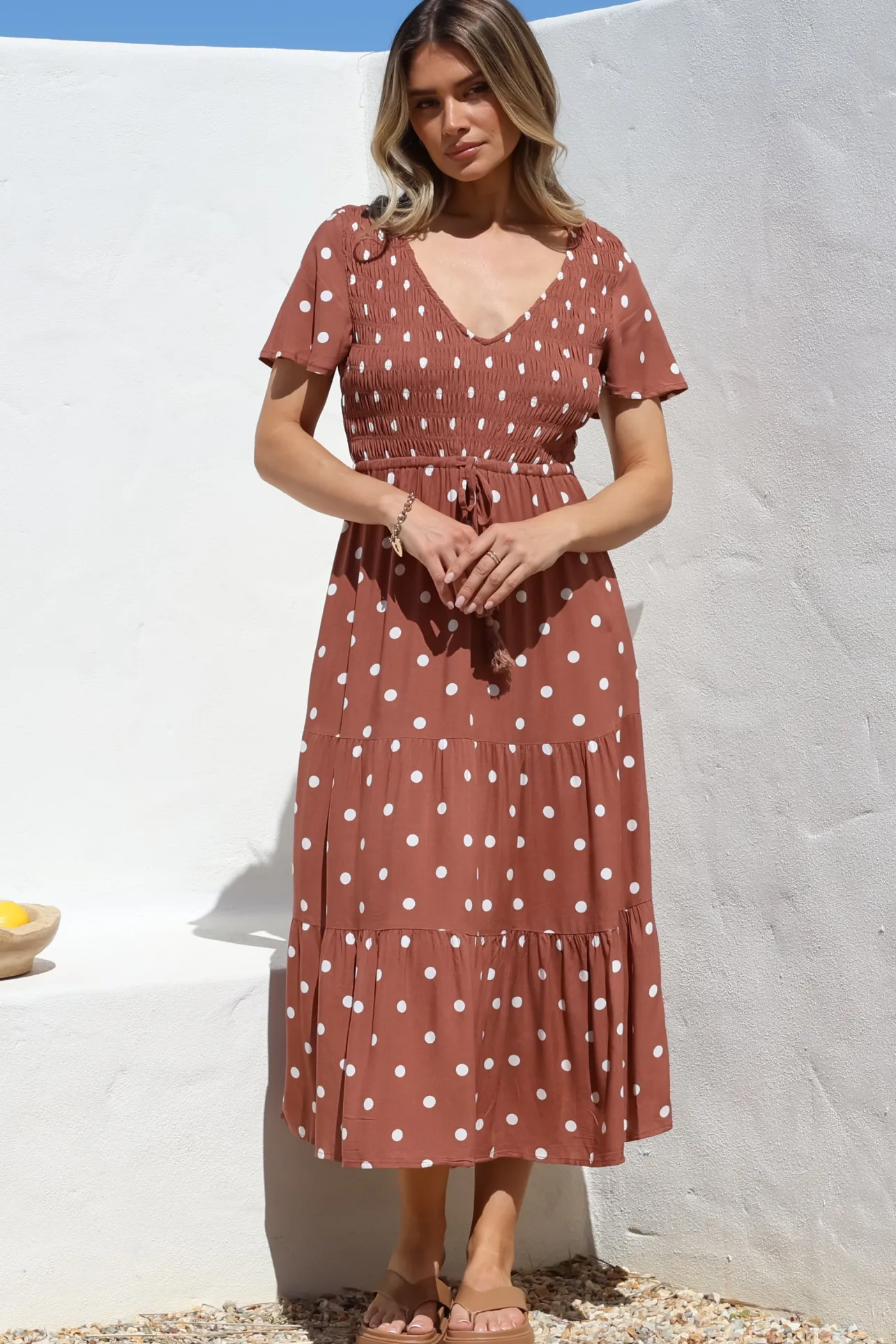 Amaya Midi Dress - Shirred Cap Sleeve A Line Dress in Parisian Polka Rust>Salty Crush Discount