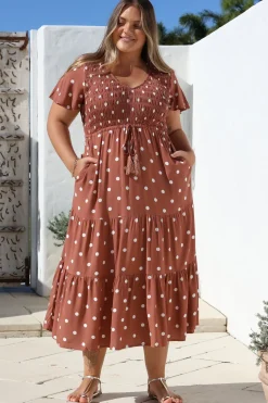 Amaya Midi Dress - Shirred Cap Sleeve A Line Dress in Parisian Polka Rust><noscript><img width=
