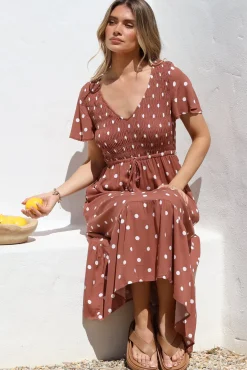 Amaya Midi Dress - Shirred Cap Sleeve A Line Dress in Parisian Polka Rust><noscript><img width=