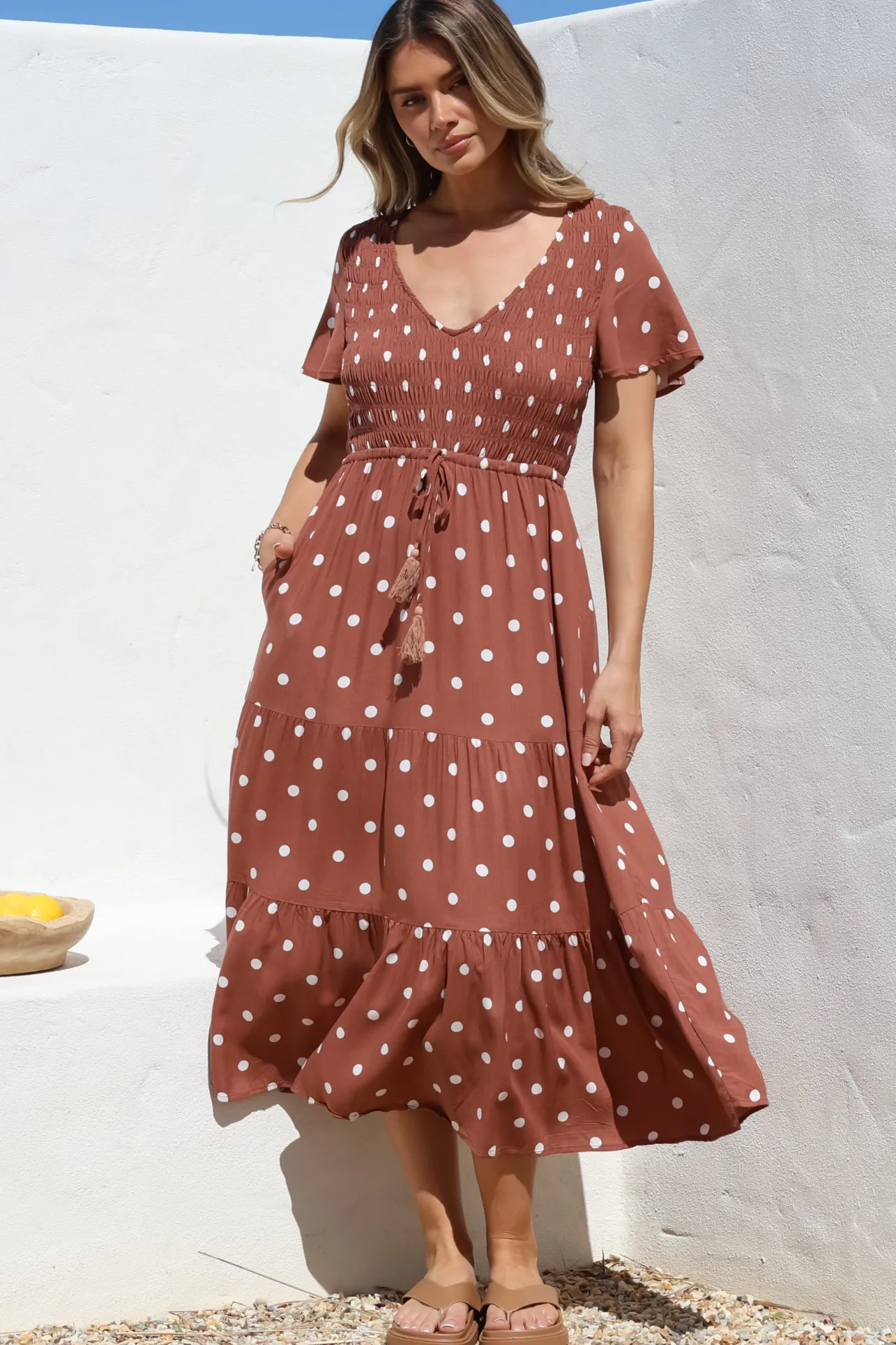 Amaya Midi Dress - Shirred Cap Sleeve A Line Dress in Parisian Polka Rust>Salty Crush Discount