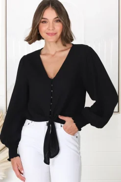 Amber Top - Button Down with Tie Detail Top in Black><noscript><img width=