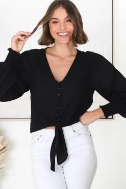 Amber Top - Button Down with Tie Detail Top in Black><noscript><img width=