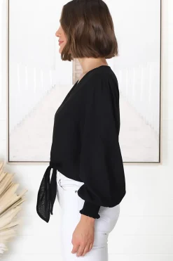 Amber Top - Button Down with Tie Detail Top in Black><noscript><img width=