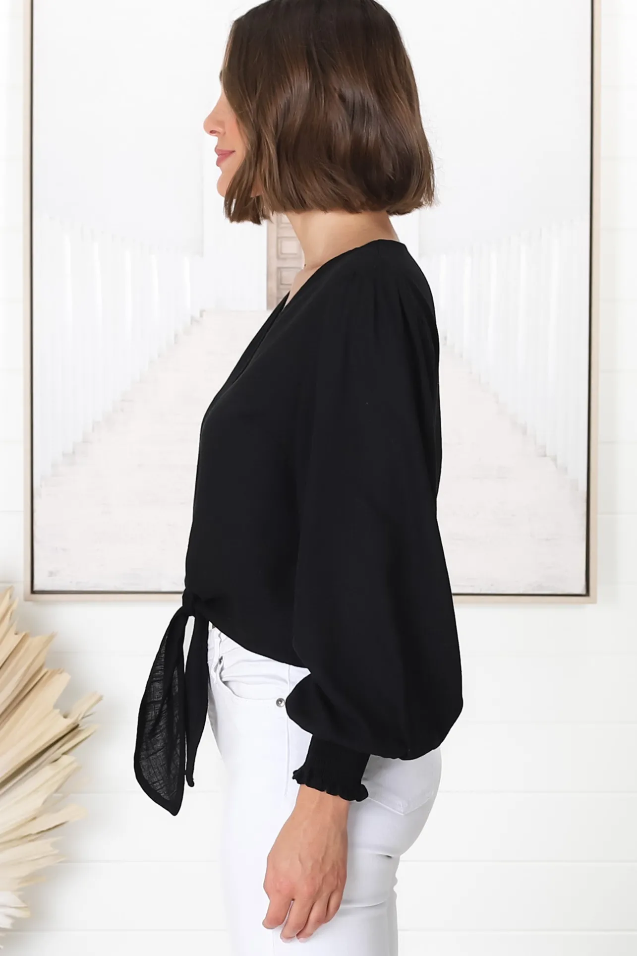 Amber Top - Button Down with Tie Detail Top in Black>Salty Crush Hot