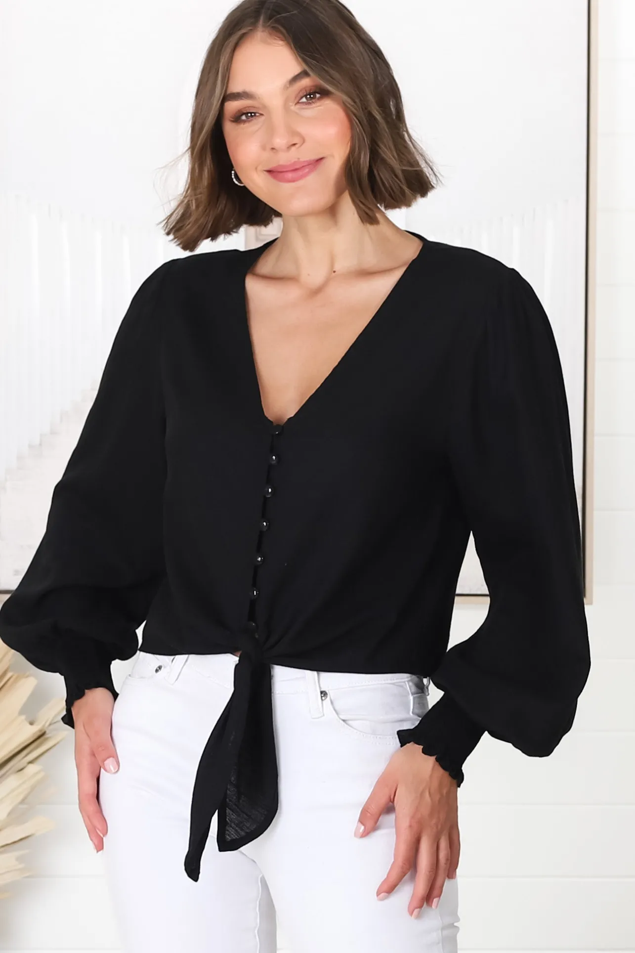 Amber Top - Button Down with Tie Detail Top in Black>Salty Crush Hot