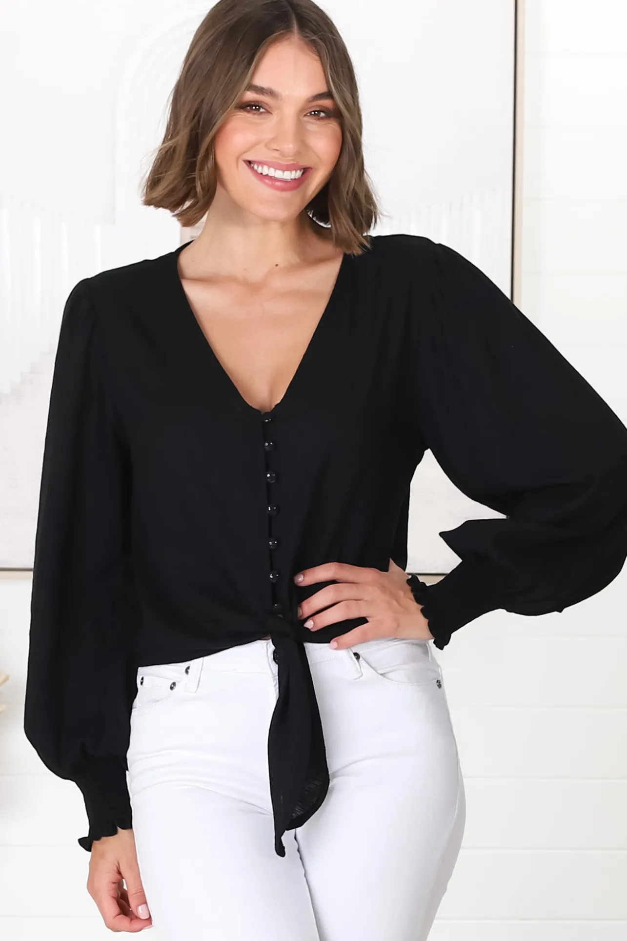 Amber Top - Button Down with Tie Detail Top in Black>Salty Crush Hot