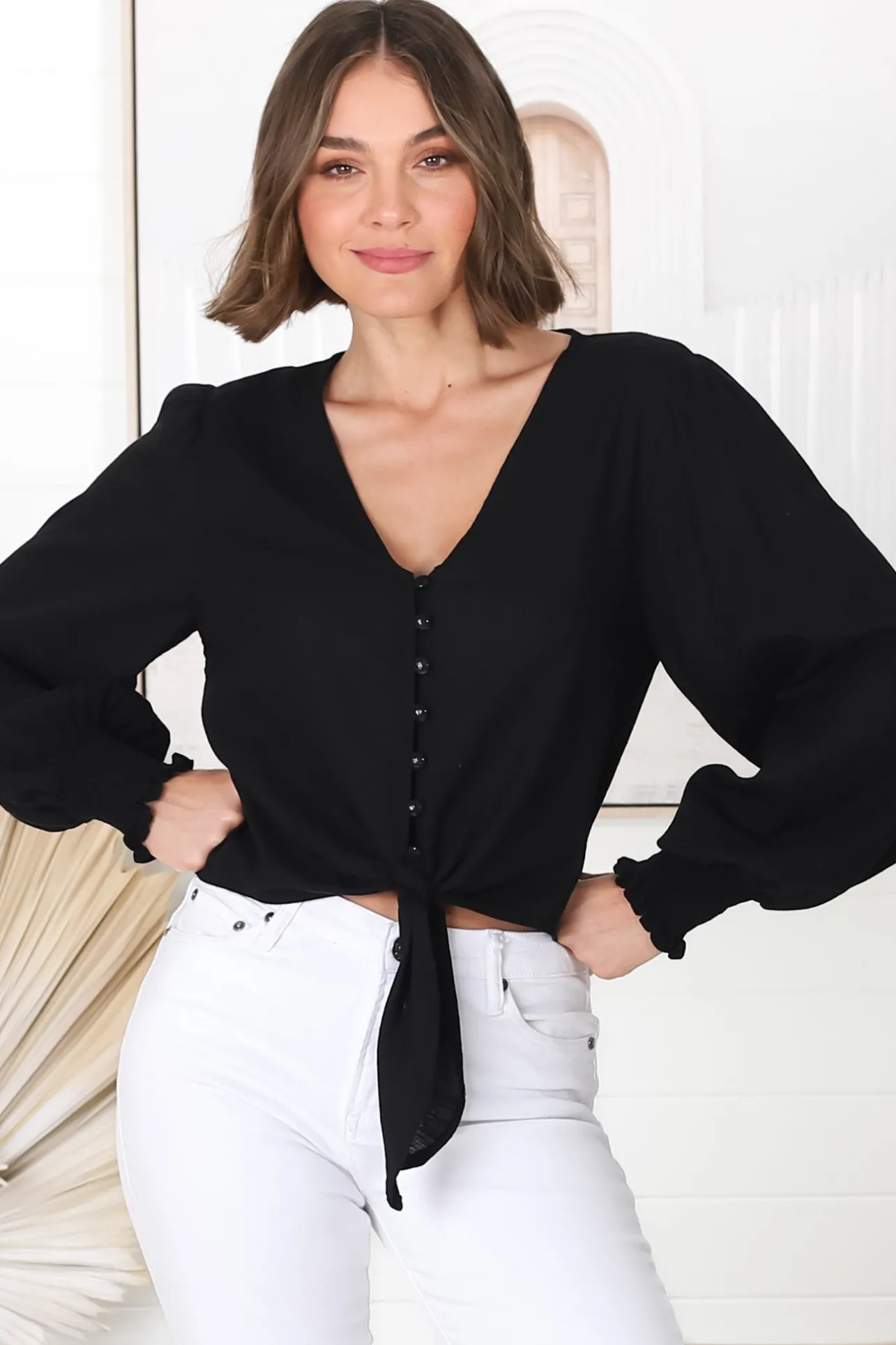 Amber Top - Button Down with Tie Detail Top in Black>Salty Crush Hot