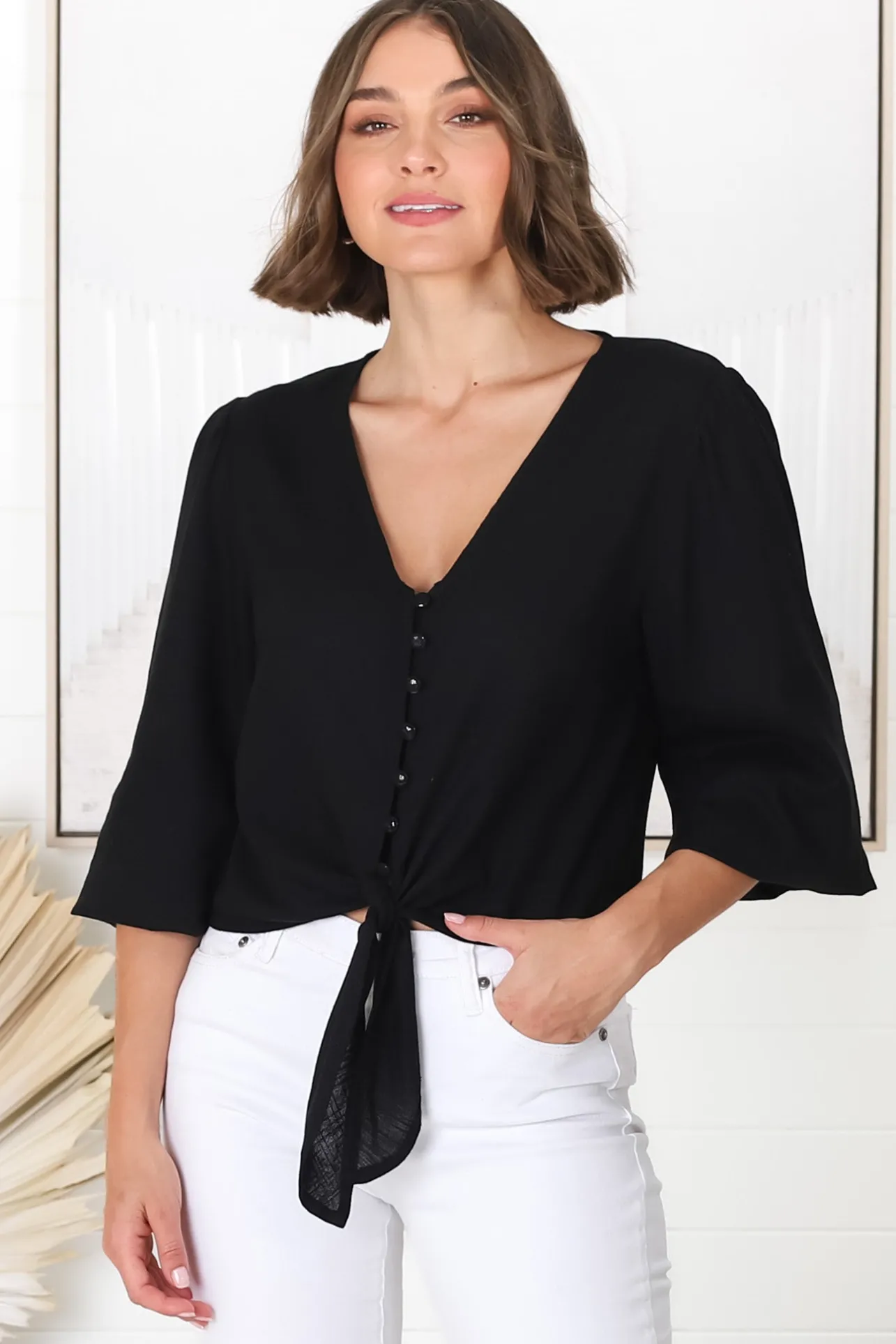 Amber Top - Button Down with Tie Detail Top in Black>Salty Crush Hot