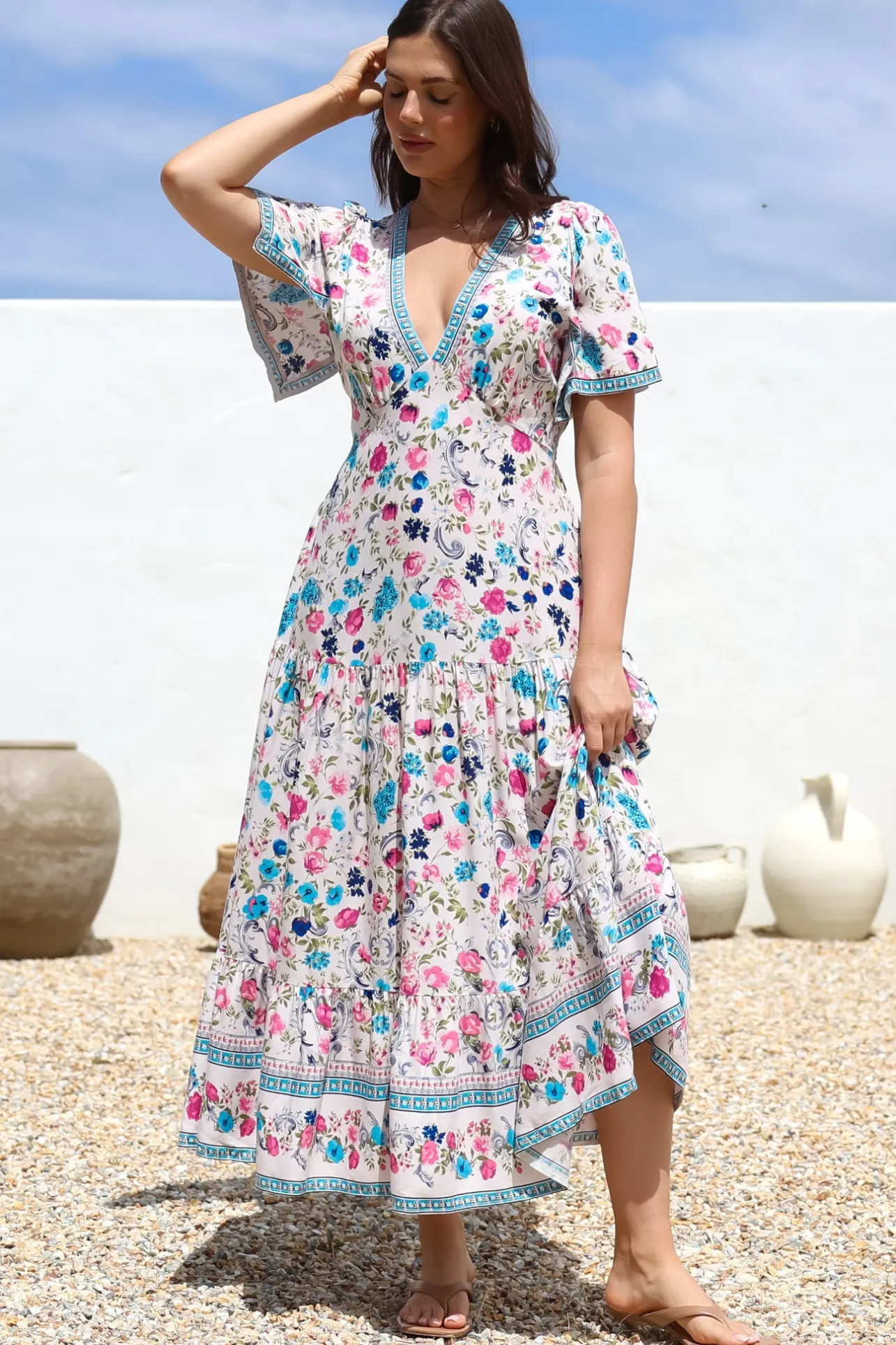 Amity Maxi Dress - V-Neck Empire Line Dress with Flutter Sleeves in Gardner Print>Salty Crush