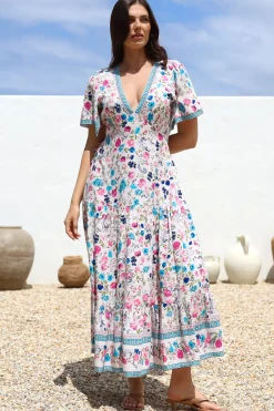 Amity Maxi Dress - V-Neck Empire Line Dress with Flutter Sleeves in Gardner Print><noscript><img width=