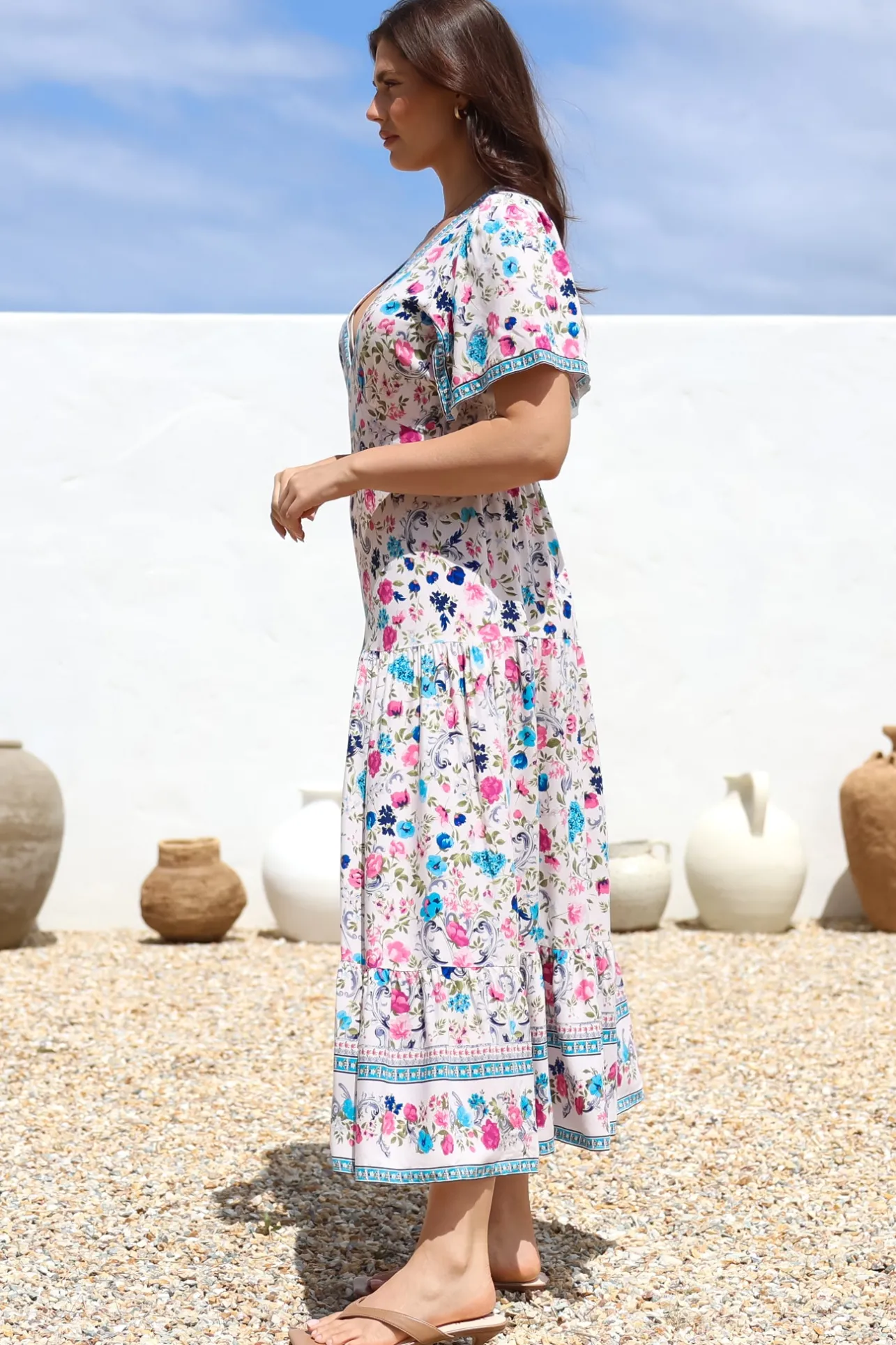Amity Maxi Dress - V-Neck Empire Line Dress with Flutter Sleeves in Gardner Print>Salty Crush