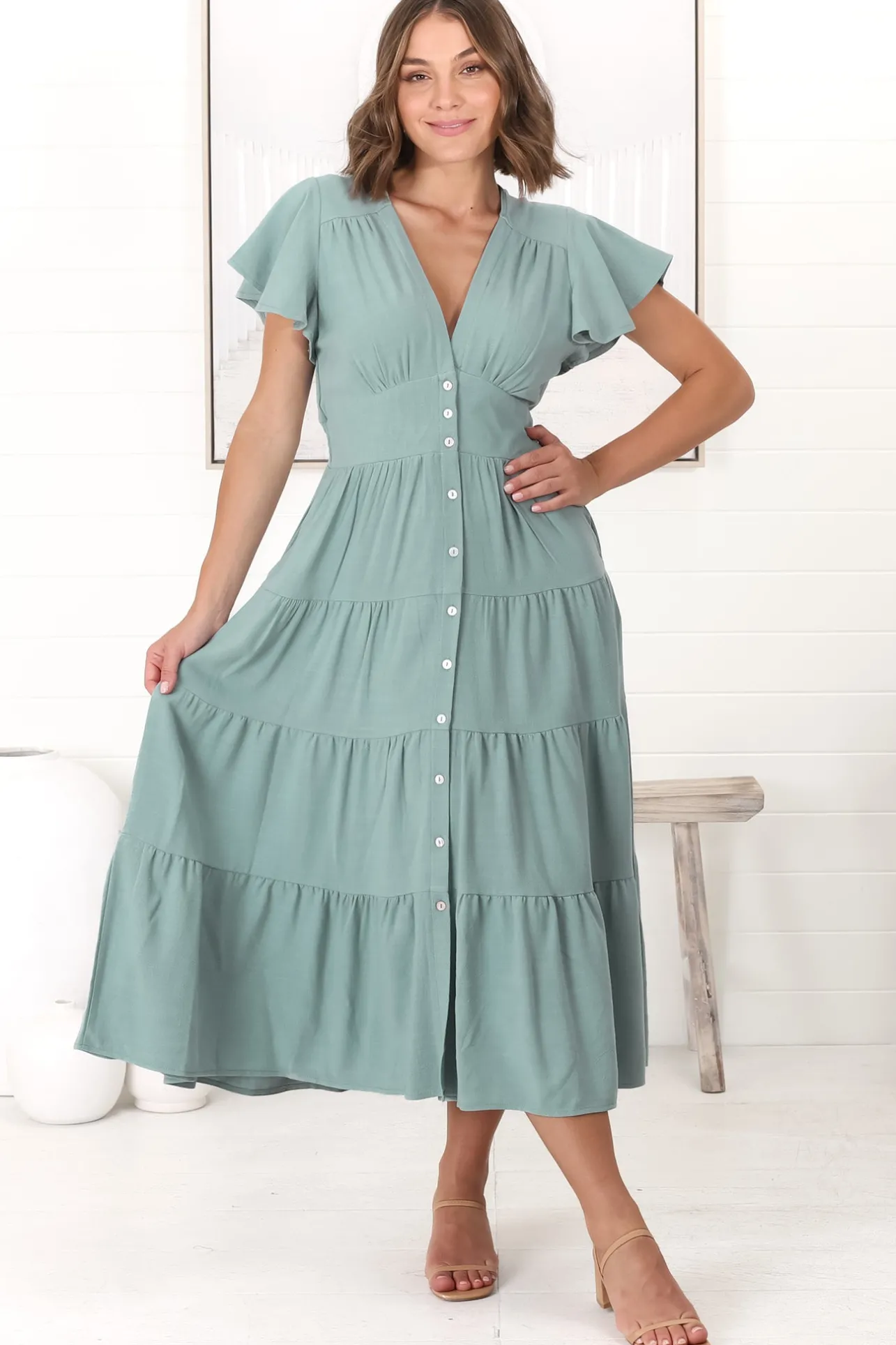 Amy Midi Dress - Flutter Cap Sleeve Buttoned Down V Neck Dress in Sage>Salty Crush Hot