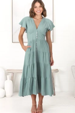 Amy Midi Dress - Flutter Cap Sleeve Buttoned Down V Neck Dress in Sage><noscript><img width=